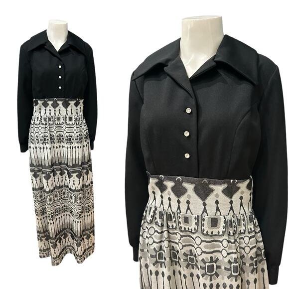 Vintage 1970s Black and Silver Metallic Graphic Print Maxi Dress / Medium - - Picture 1 of 6